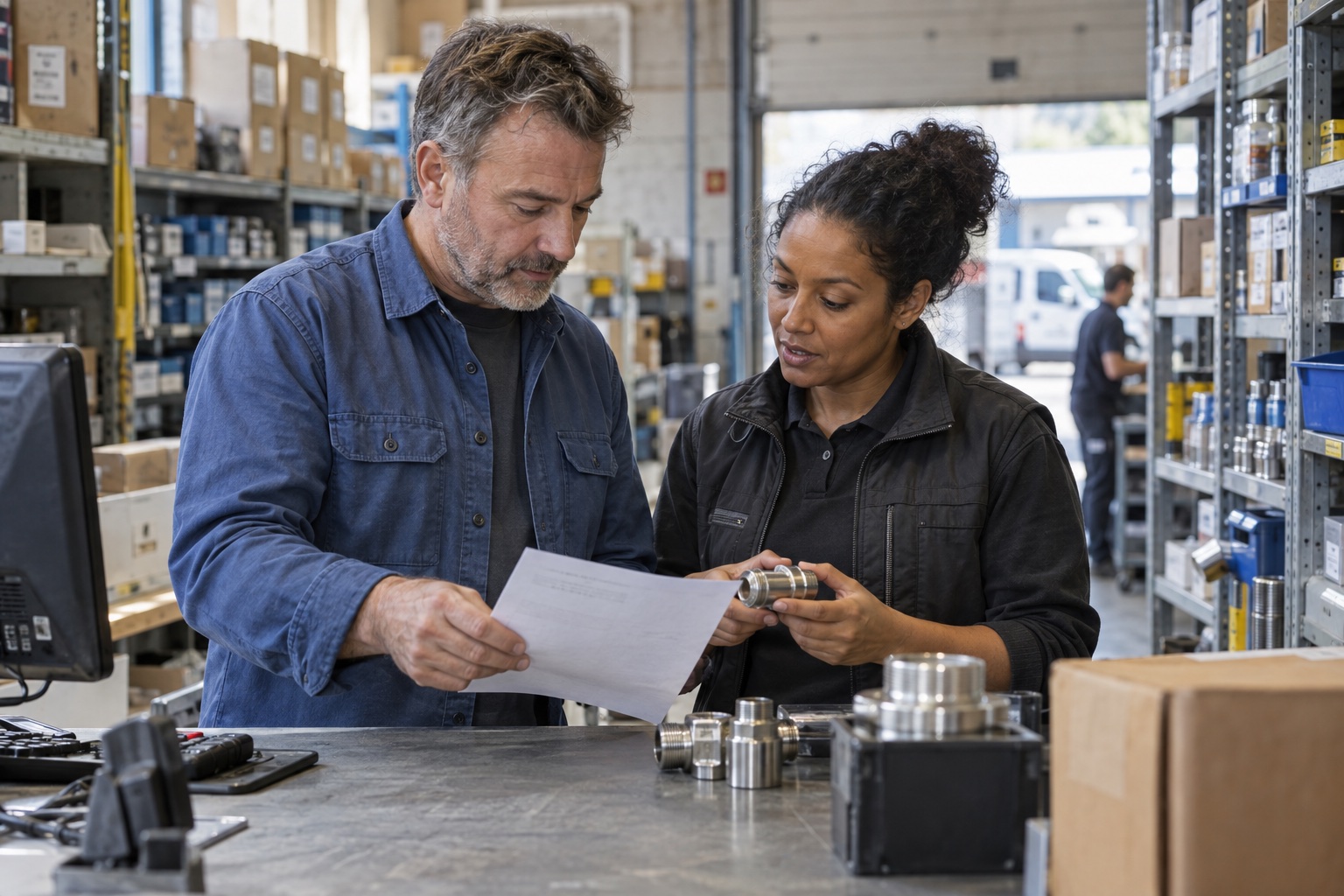 Two colleagues at a parts distributor discuss a customer request