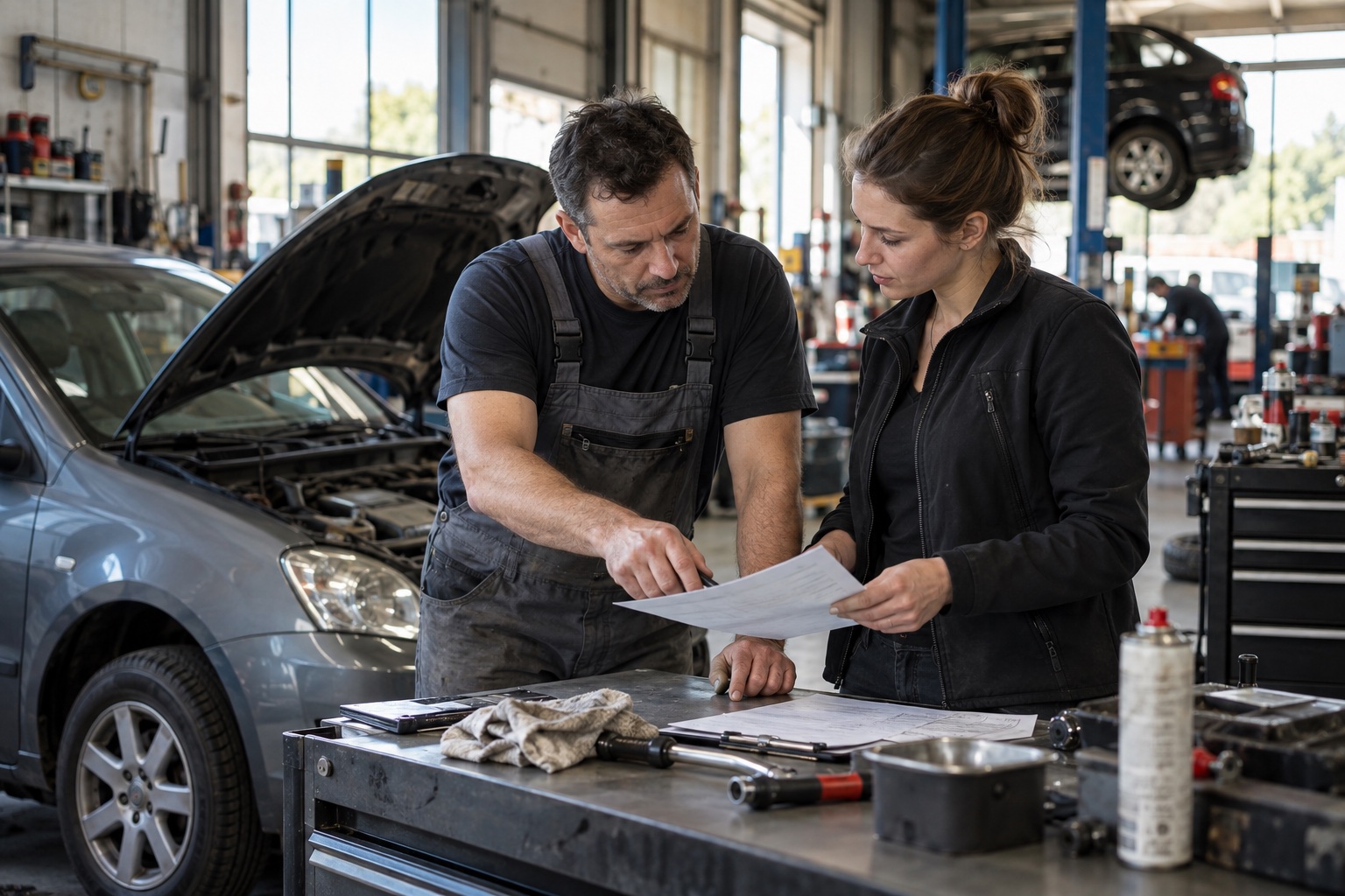 Een monteur en collega in een onafhankelijke garage
